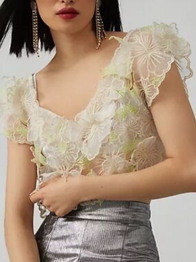 Anthropologie Sheer Floral Lace Crop Top in Ivory & Lime size Xs b-13